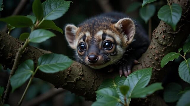 Adorable ringtail cat peering from tree branch with captivating eyes and lush green foliage surrounding it
