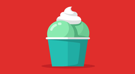 Refreshing mint green frozen drink with whipped cream topping in a clear plastic cup on a red background
