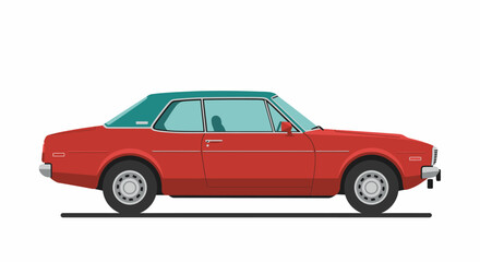 Classic red two door coupe automobile with a green vinyl roof and chrome accents on a white background