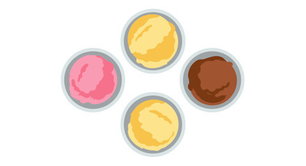 Four colorful easter eggs in a circular arrangement with different shades of yellow pink and brown