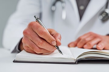Close-up of doctor's hands writing in a notebook
