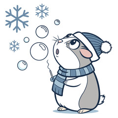 Whimsical Guinea pig feeling Surprised in a Cozy winter setting with blowing bubbles – colored in Frosty Winter