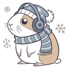 Gentle expression on a Guinea pig in a Cozy winter theme, with wearing headphones – Frosty Winter vector art