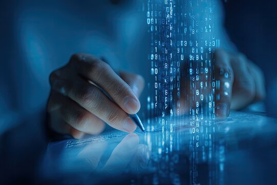 Close-up of hands working on a digital tablet. Binary code streams down, creating a futuristic interface