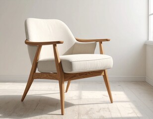 Generated image Photograph of a Wooden Armchair with Beige Upholstery and Tapered Legs in Contemporary Interior