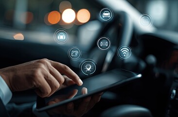 Close-up of a person's hands using a tablet inside a car at night.  Icons for various car-related features are displayed around the tablet screen.  Blurred city lights are visible in the background