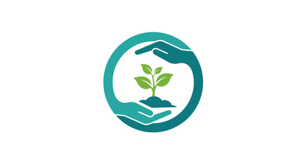 Two stylized hands cradling a small green plant growing from soil within an oval frame symbolizing care and growth