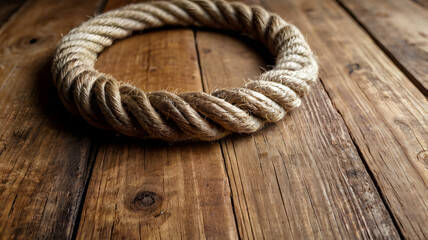 Obraz premium Rustic Rope Circle on Wooden Background Nautical Texture and Design