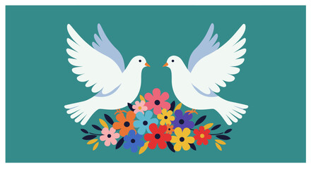 Two elegant white doves with outstretched wings flying above a vibrant bouquet of colorful wildflowers