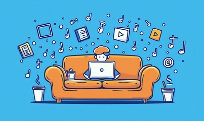 Cartoon Illustration of Person Using Laptop on Couch Surrounded by Media Icons