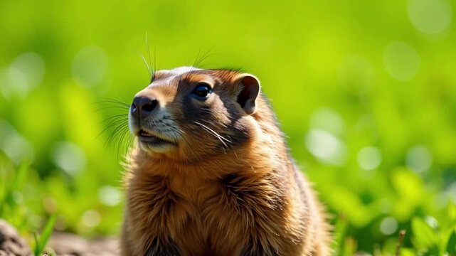 Curious groundhog peering out of its burrow, exploring the spring season with vibrant green background