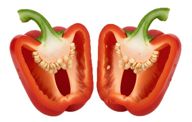 Red bell pepper half cut open with visible seeds on transparent background. Fresh and organic red bell, A half red bell pepper with seed isolated, cut fresh fruit, realistic healthy food
