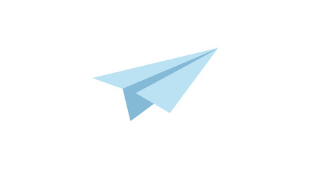 Simple light blue paper airplane in flight against a clean white background representing travel and imagination