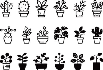 A collection of houseplant icons. Various indoor potted plants and succulents with leaves and branches in different shapes