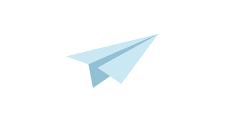 A simple light blue paper airplane in flight against a clean white background symbolizing travel and dreams