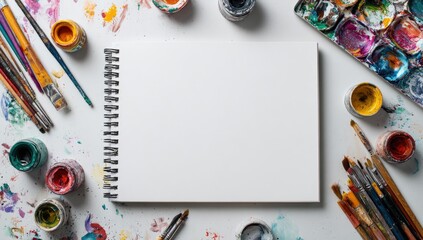 Open sketchbook, surrounded by paint supplies, on a white surface.  Splashes of vibrant color are scattered around.  Brushes and paint pots in various shades are seen