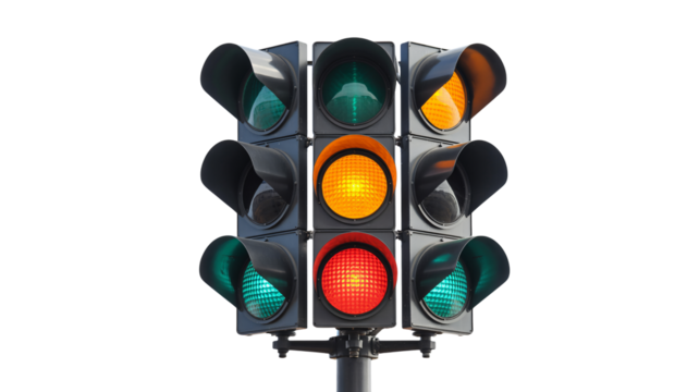 Traffic lights show green, yellow, and red for transportation safety