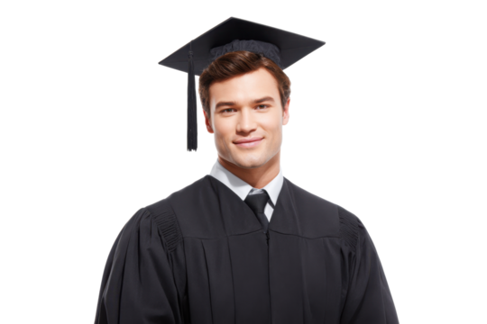Smiling male graduate in mortarboard and gown on transparent background