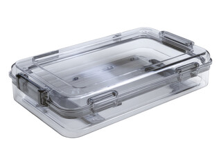 Clear plastic storage box with gray accents