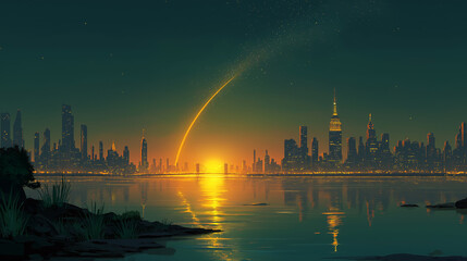 Fototapeta premium Cityscape at Dusk: A tranquil cityscape mirrored in calm waters, with a radiant sunset painting the sky, creating a serene and peaceful ambiance. 