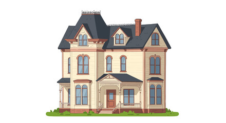 Victorian era mansion architecture with tall steep roof and bay windows on white background