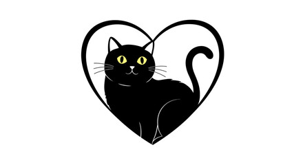 Whimsical black cat peeking out of a hand drawn heart shape with bright yellow eyes