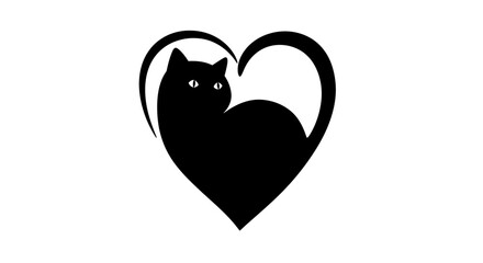 Silhouette of a black cat with glowing eyes inside a stylized heart shape on a white background
