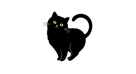 Mysterious black cat with bright yellow eyes standing elegantly against a clean white background