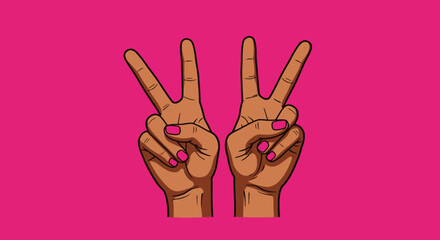 Two hands displaying the number three with peace signs against a vibrant pink background