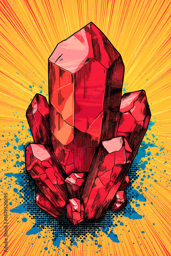 Poster vibrant red crystal cluster with dynamic rays and splashes, showcasing a bold, artistic style