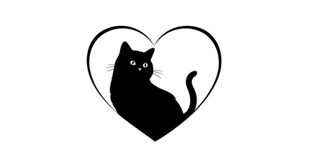 Mysterious black cat silhouetted inside a stylized heart shape on a white background