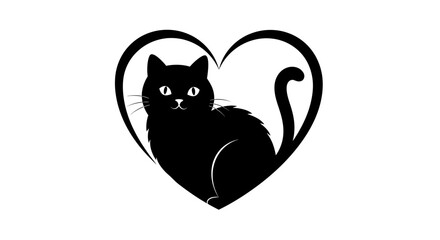 Stylized black cat silhouette sitting inside a heart shape with a whimsical outline