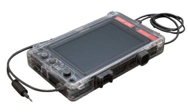 Clear plastic enclosure houses a small rectangular display.  Attached cables and a control panel are visible