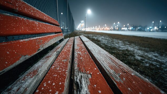 A weathered, red park bench coated in frost, at night, with a blurry cityscape beyond