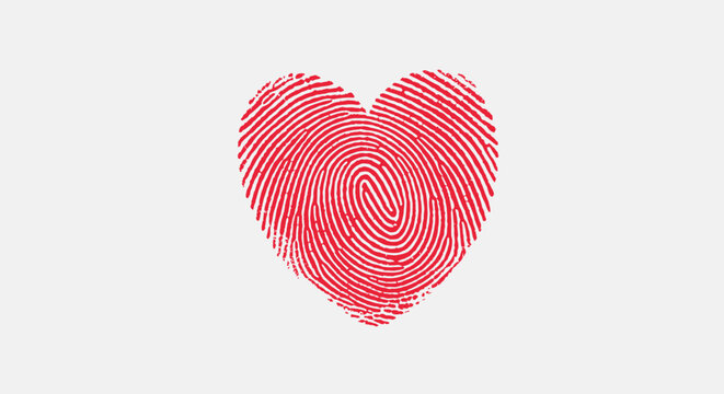 Red heart shaped fingerprint symbolizing love identity and unique personal connection on white background