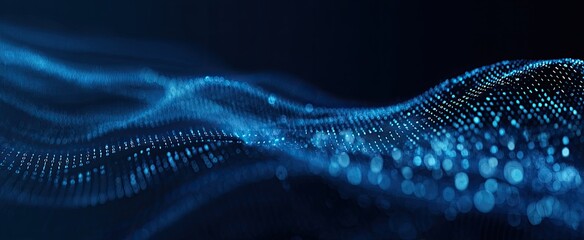 Abstract digital wave of light blue dots on dark background