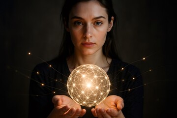 Naklejka premium Woman holding a glowing orb made of interconnected points of light, symbolizing global communication and technology