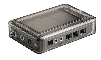 Obraz premium Clear plastic case encloses a gray electronic device. Ports visible