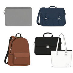 Collection of bags and laptop sleeve isolated on transparent background