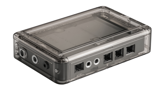 Clear plastic case encloses a gray electronic device.  Ports visible