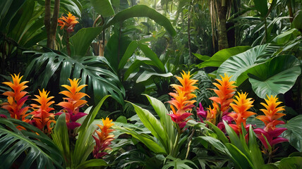 Vibrant tropical bromeliad flowers blooming amidst lush green jungle foliage
