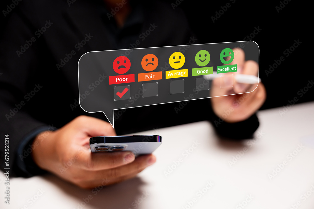 Poster mobile feedback rating concept. businessman using smartphone and digital pen to select poor rating t