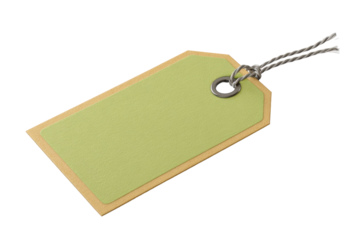 Green paper tag with gold border and twine on transparent background