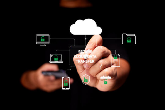 Secure cloud data transfer and cybersecurity concept. Businessman using mobile device with digital cloud icon and encrypted connection symbols for safe file sharing and cloud synchronization.