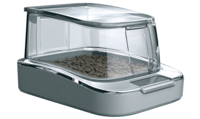 A sleek, modern pet food dispenser.  A clear,  top-opening container sits atop a gray base.  Inside, pet food is visible.  A digital display is visible on the base