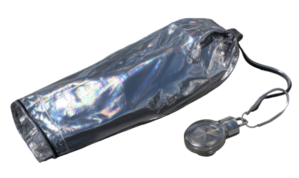 Shiny, iridescent, cylindrical case with a watch attached