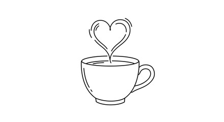 Whimsical hand drawn sketch of a steaming coffee cup with a heart shaped vapor rising from the hot beverage