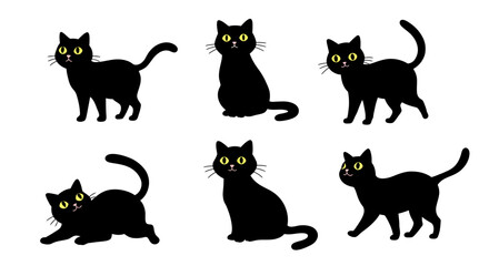 Six stylized black cats with big yellow eyes in various poses against a white background