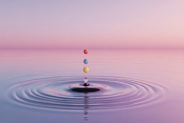 A water droplet impact, displaying colorful spheres in mid-air descent above rippling water.  Soft pastel hues of pink, blue, and yellow create a serene and calming aesthetic