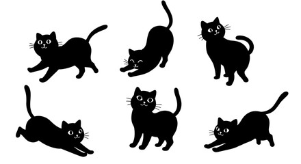 Collection of playful black cat silhouettes in various dynamic poses on a white background